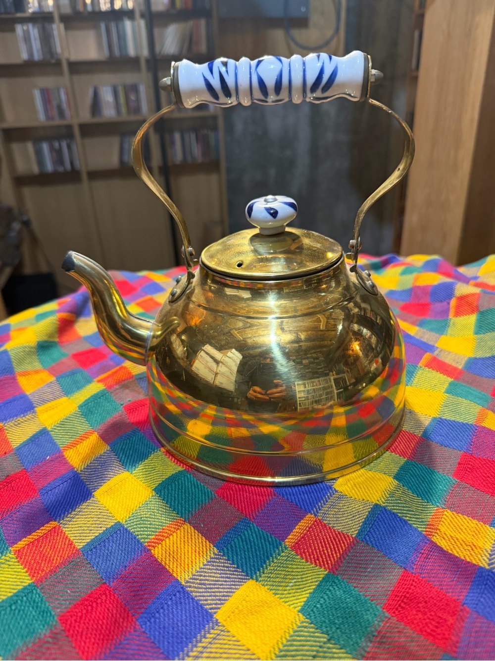 Vintage Brass Teapot with Blue White Porcelain Handle and Knob